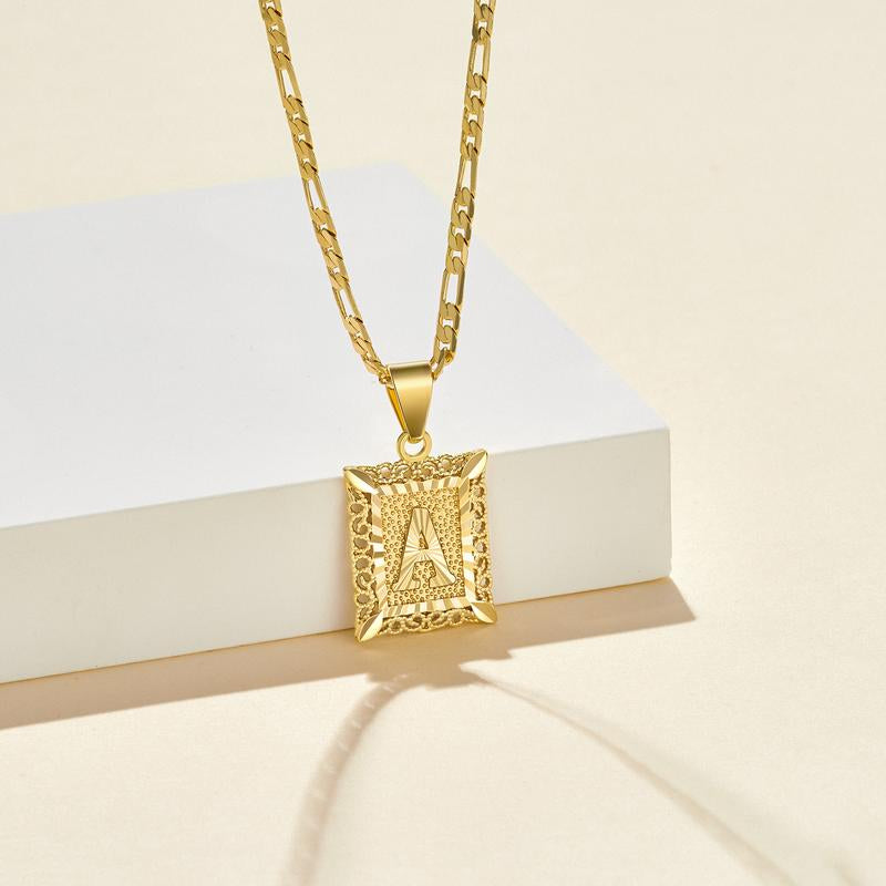 Kissyan Initial Letter Pendant Necklace for Men Womens, 14K Gold Plated Square Capital Monogram Necklace Alhpabets from A-Z Figaro Chain Necklace
