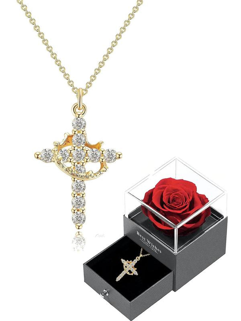 Rhinestone Crown & Cross Pendant Necklace for Women, Cross Necklace for Men Jewelry for Party, Daily Clothing Decor, Trendy All-Match & Exquisite Jewelry for Birthday Gift, Fall Outfits, Fall Freshness, Statement Necklace, Best Mother'S Day Gifts