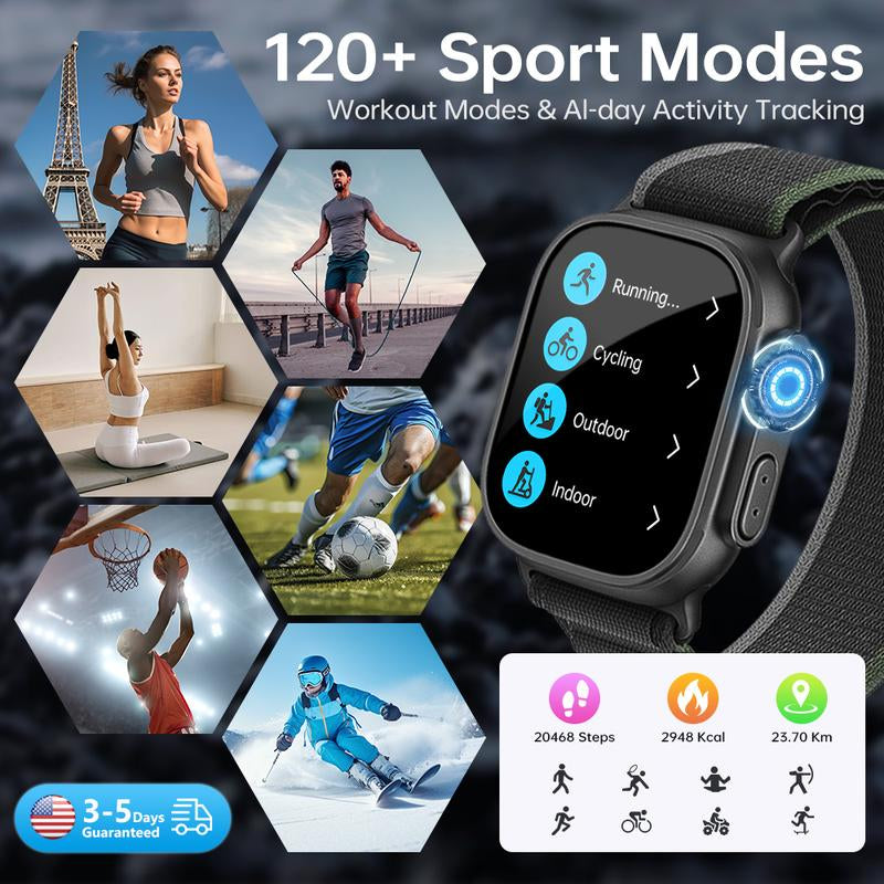 Rugged Smartwatch with 2.01" HD Touch Screen, Bluetooth Calling, 120+ Sports Modes, Waterproof, Long Battery Life, Android & Ios Compatibility - Wearable