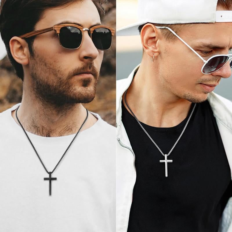 ROMASS 2 Pcs Cross Necklace for Men,Stainlesssteel Pendant Silver Black Crosses Chain Jewelry Gifts Box for 16-30 Inches-Official ROMASS