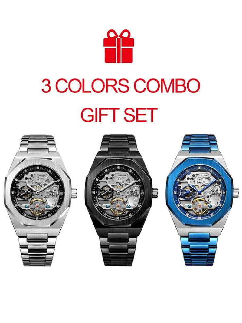 Men'S Classic Business Rhinestone Decorated Analog Mechanical Watch, Watches for Men, Fashion Watches for Men, Luminous Hands Watch for Party, Daily Clothing Decor, Trendy All-Match & Exquisite Watch for Birthday Gift with Box