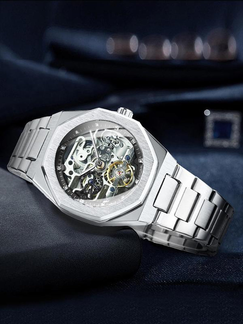 Men'S Classic Business Rhinestone Decorated Analog Mechanical Watch, Watches for Men, Fashion Watches for Men, Luminous Hands Watch for Party, Daily Clothing Decor, Trendy All-Match & Exquisite Watch for Birthday Gift with Box