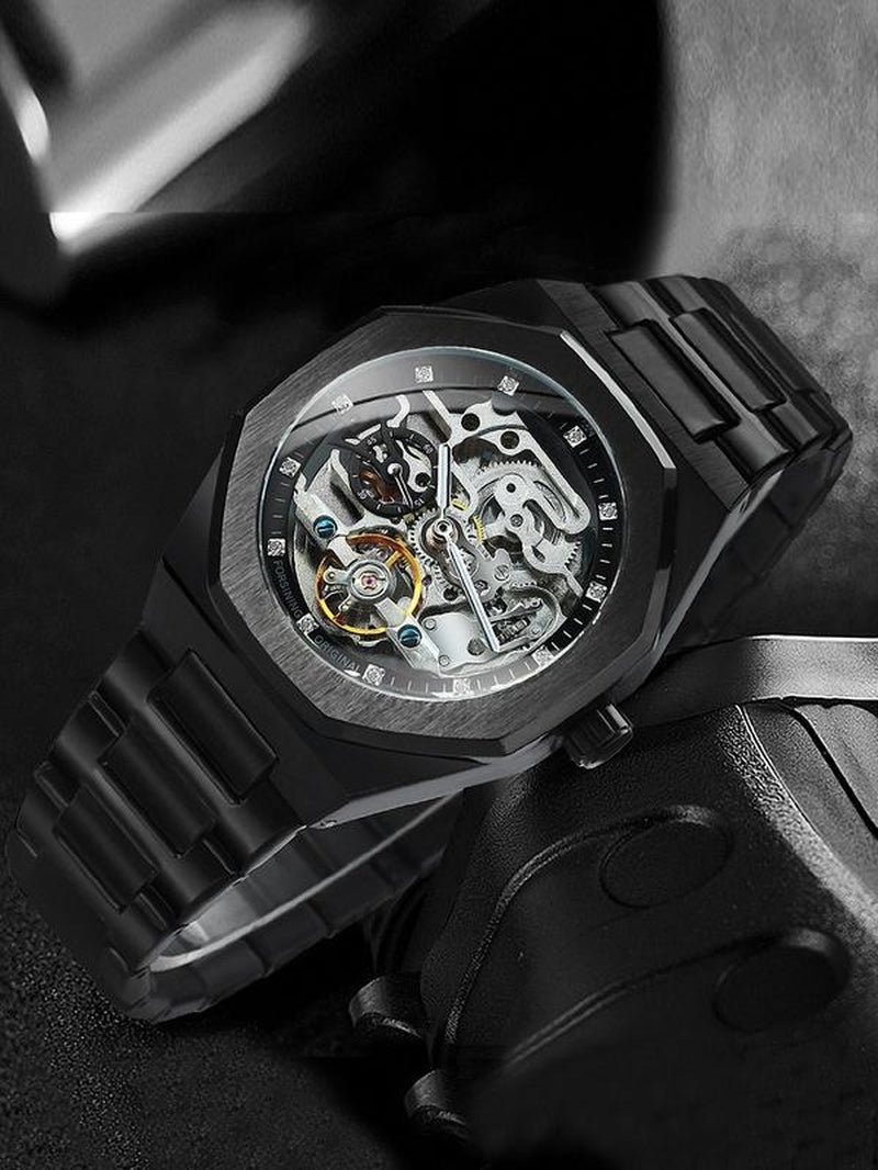 Men'S Classic Business Rhinestone Decorated Analog Mechanical Watch, Watches for Men, Fashion Watches for Men, Luminous Hands Watch for Party, Daily Clothing Decor, Trendy All-Match & Exquisite Watch for Birthday Gift with Box