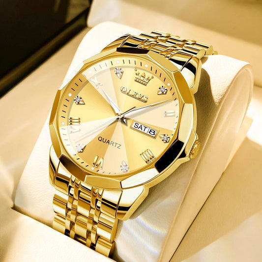 OLEVS Watch for Men Diamond Business Dress Analog Quartz Stainless Steel Waterproof Luminous Date Two Tone Luxury Casual Wrist Watch