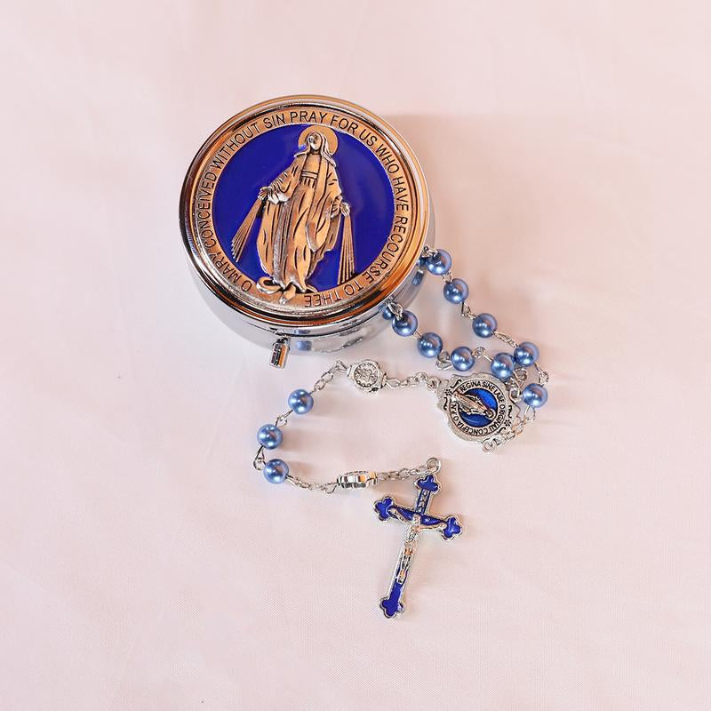 Glass Pearl Beads Catholic Rosary Necklace for Men and Women with Metal Box Strong Copper Chain Crucifix