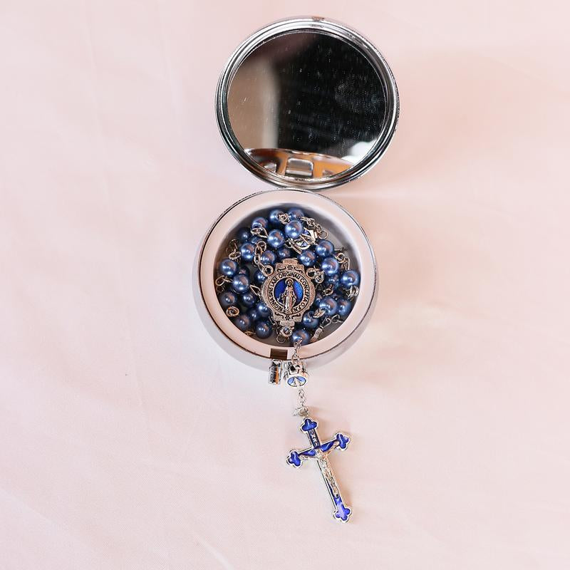 Glass Pearl Beads Catholic Rosary Necklace for Men and Women with Metal Box Strong Copper Chain Crucifix