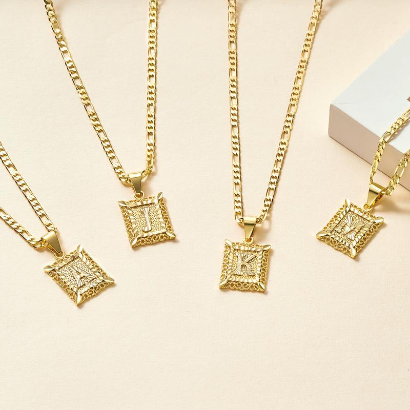 KY Jewelry Initial Pendant Necklace for Men Womens, 14K Gold Plated Square Letter Capital Necklace Alphabets from A-Z Figaro Chain Necklace