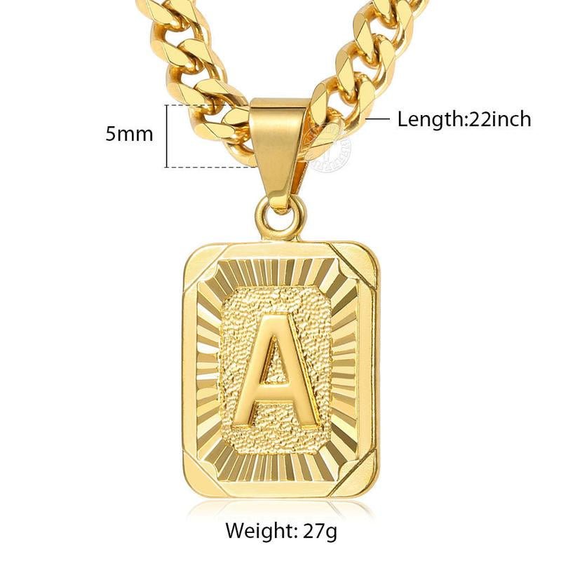 Initial Letter Pendant Necklace for Men Womens, Gold Plated Square Capital Choker Alhpabets from A-Z 5Mm 22Inch Curb Chain Necklace