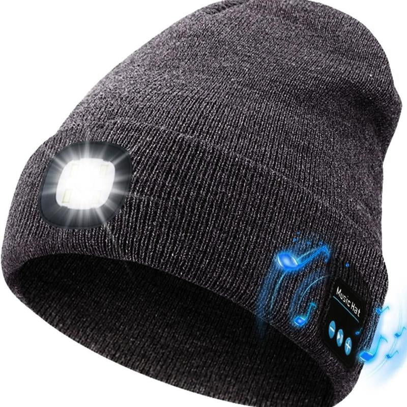 Bluetooth Beanie with LED Headlight and Removable Speaker, USB Rechargeable Warm Hat LED Hat for Music and Calling, Sport,Outdoor,Unisex Birthday Gift